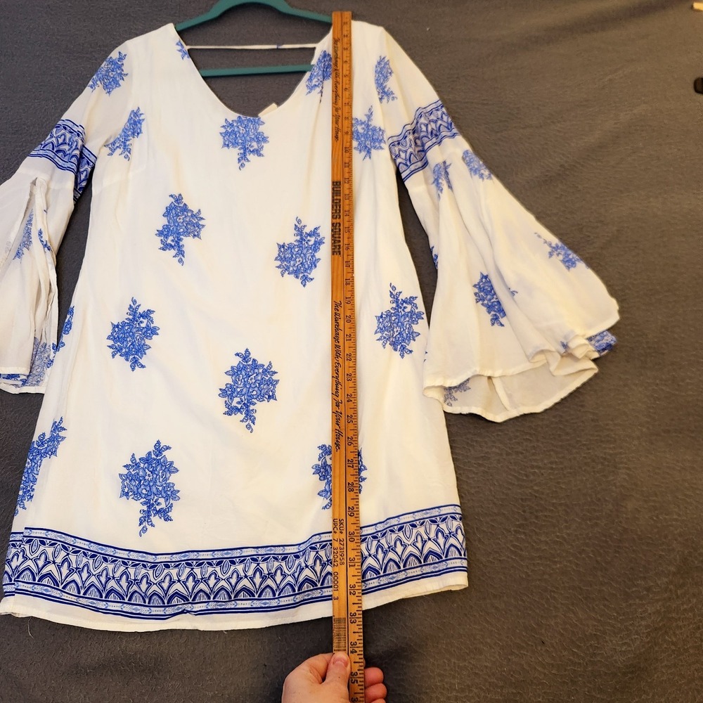 Pink Owl Tunic Mini Dress Sz S White Blue Floral Flared Bell Sleeve Boho Hippy - Picture 3 of 8